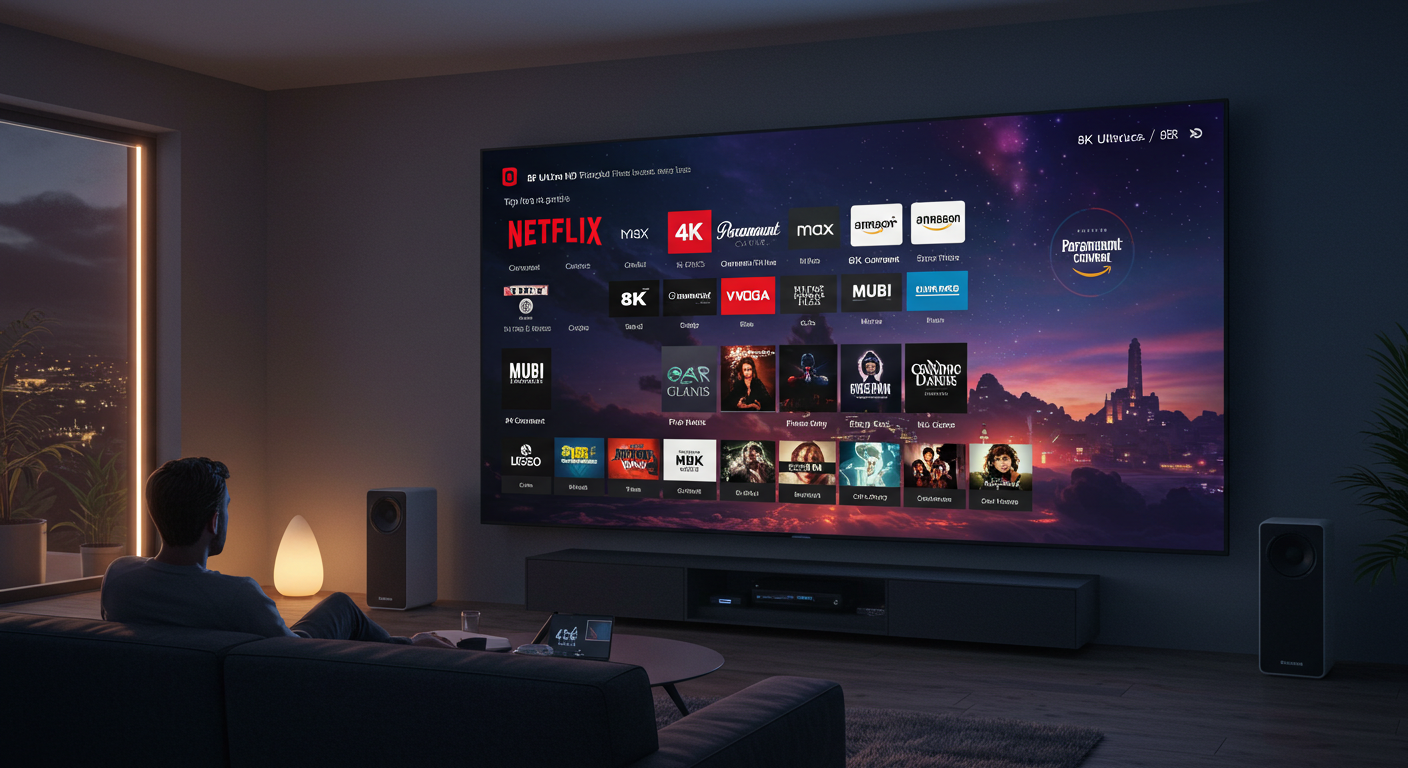 A home theater with a massive 8K ultra-HD screen