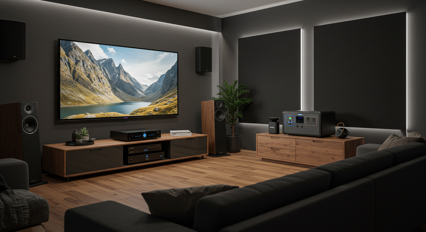A modern, eco-friendly home theater designed for sustainability and future-proofing