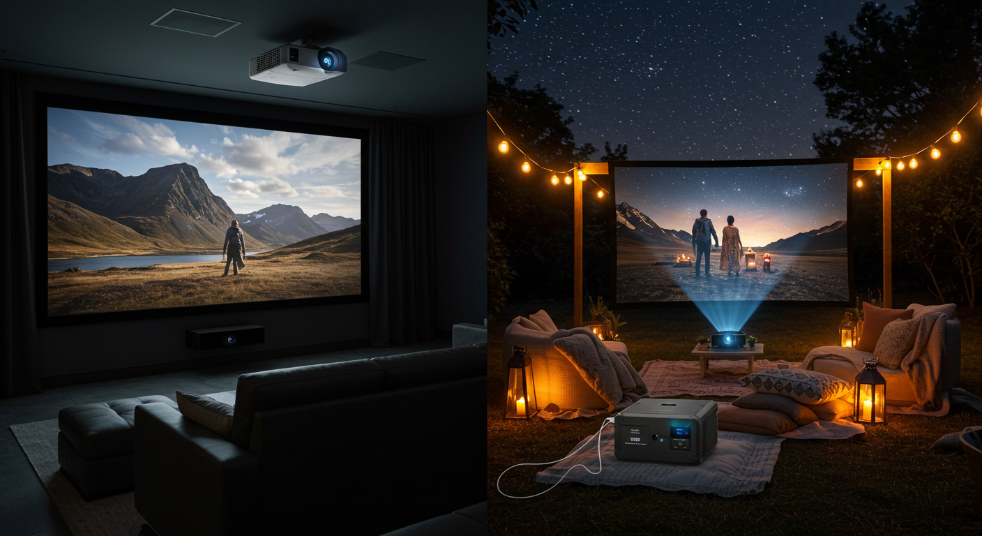 A split-screen composition showcasing two distinct projector setups