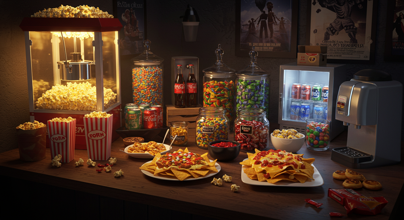 Home theater snack bar with retro popcorn machine, nachos, candy, and soda station