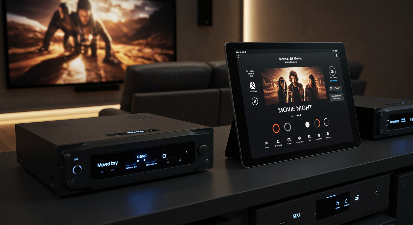 A sleek, modern home theater control center