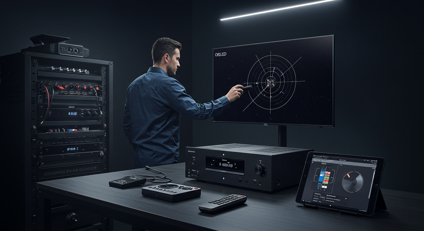 A technician calibrating a premium home theater system