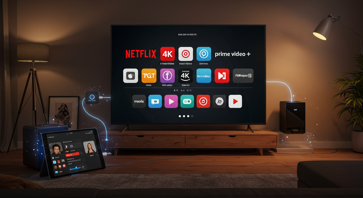 A large 4K TV displaying multiple streaming app icons