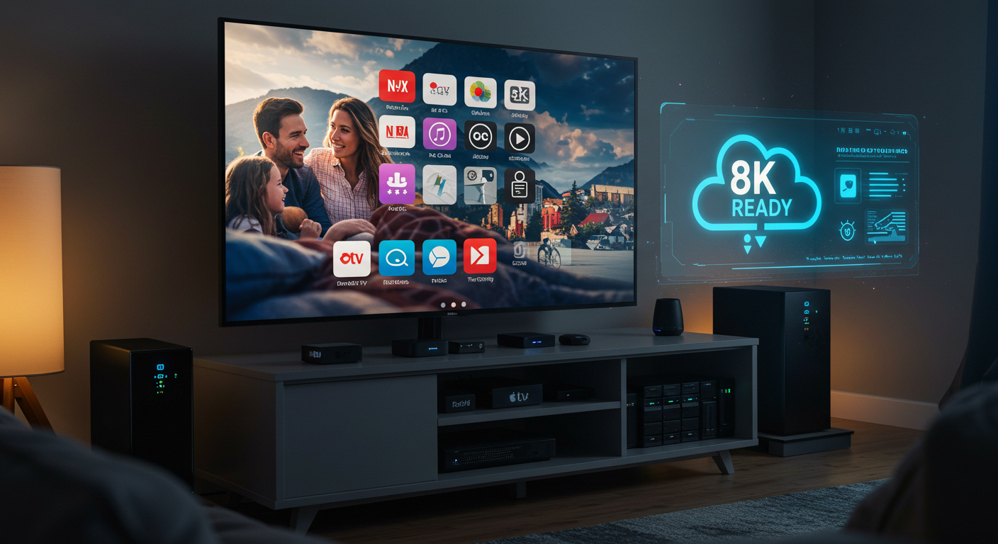 A large 4K TV displaying multiple streaming apps
