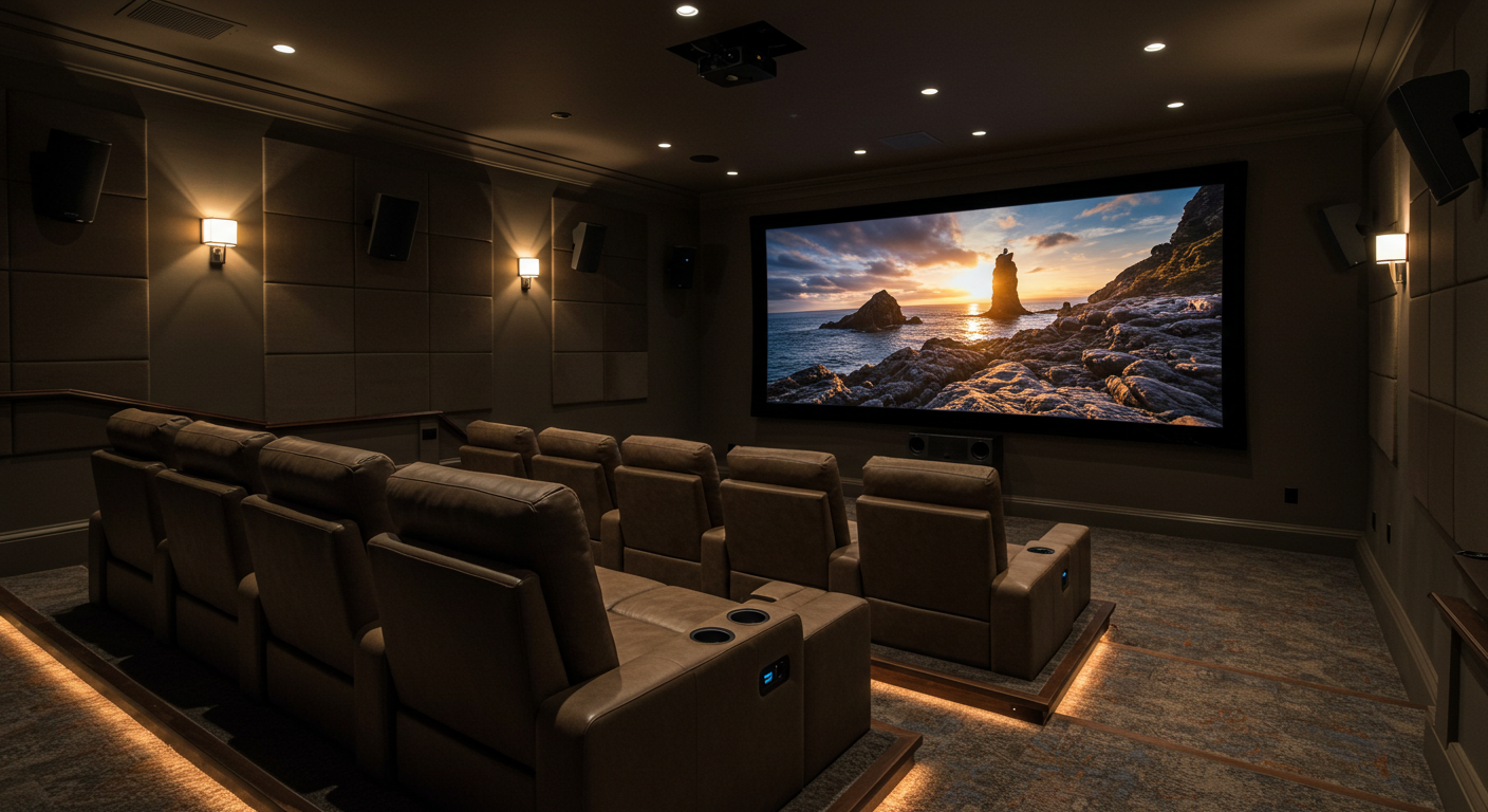 A premium home theater with tiered seating