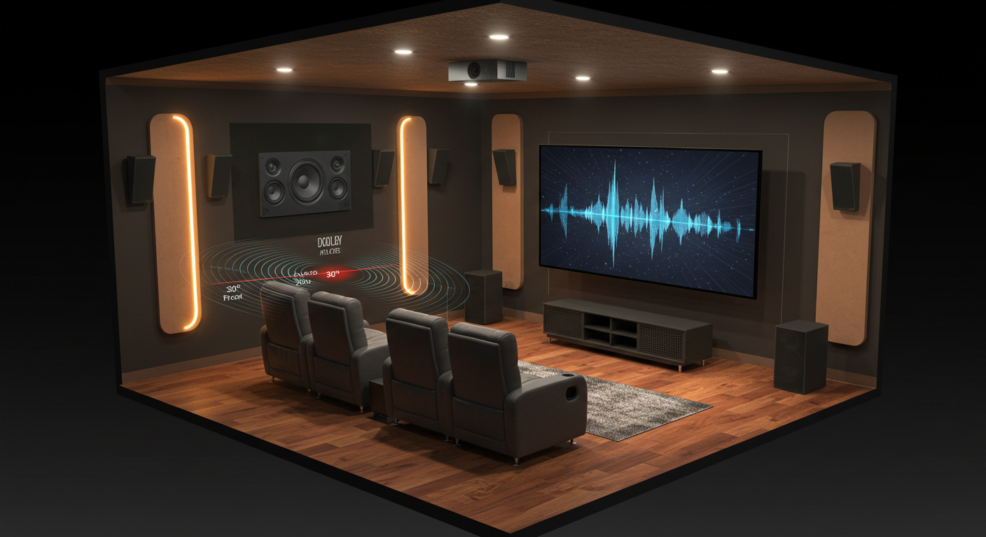 A 3D cutaway view of a home theater showing optimal speaker placement