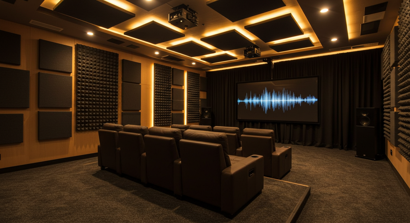 A modern home theater with professional acoustic treatments