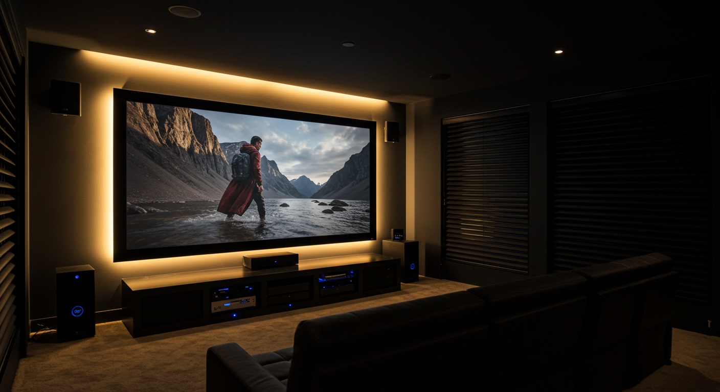 A cinematic home theater with smart lights dimmed to warm ambiance