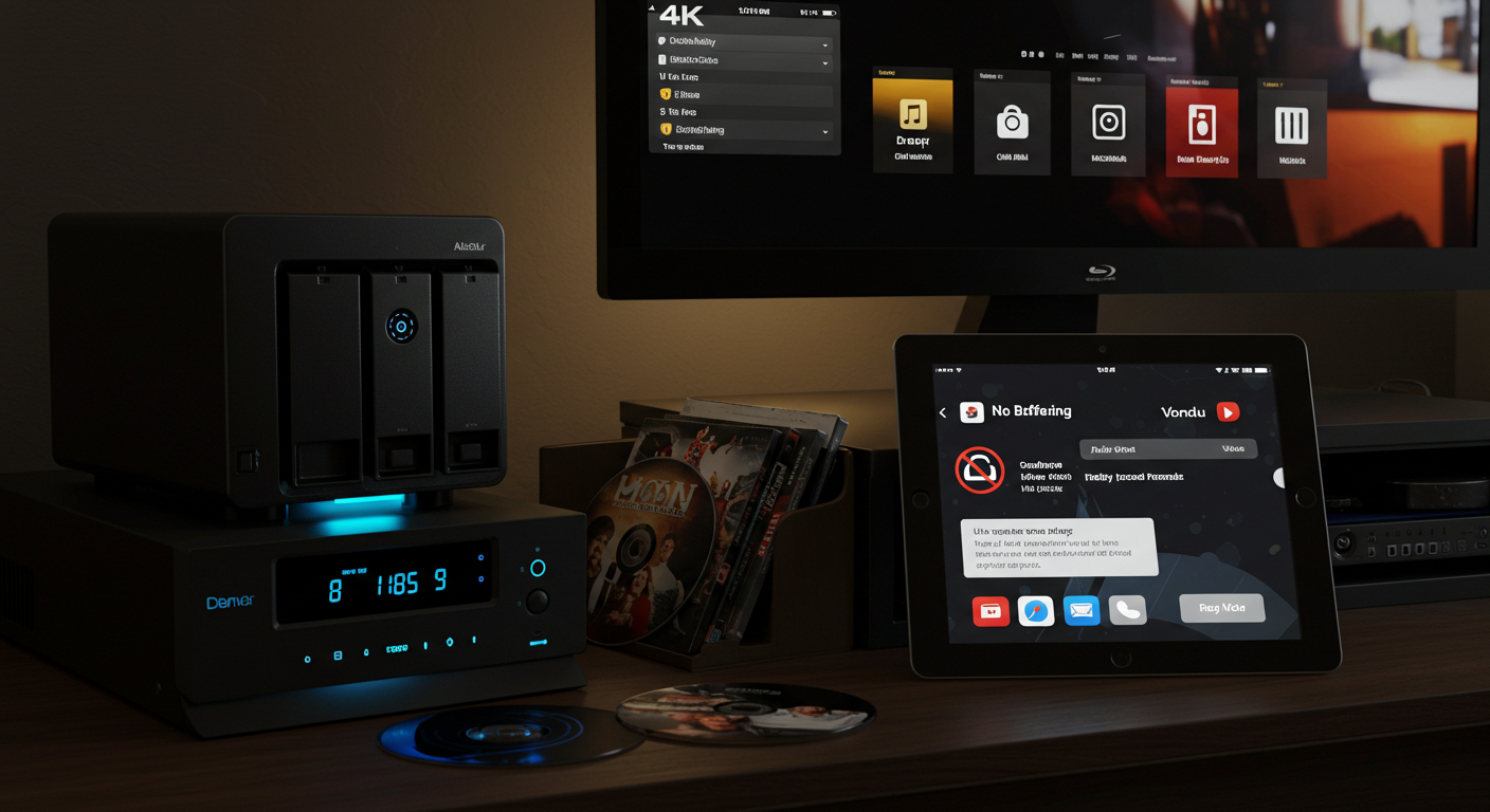 A modern home theater with key audiovisual and streaming elements