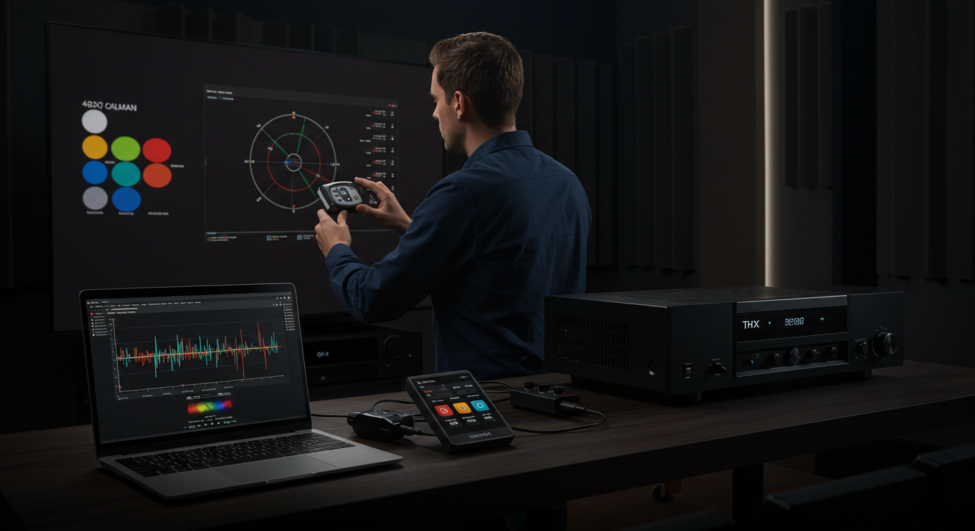 A professional technician calibrating a premium home theater system