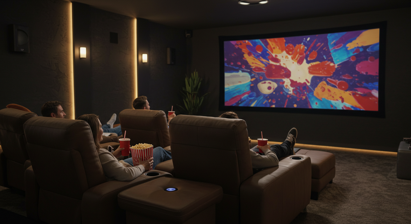 A happy family enjoying movie night in their cozy home theater