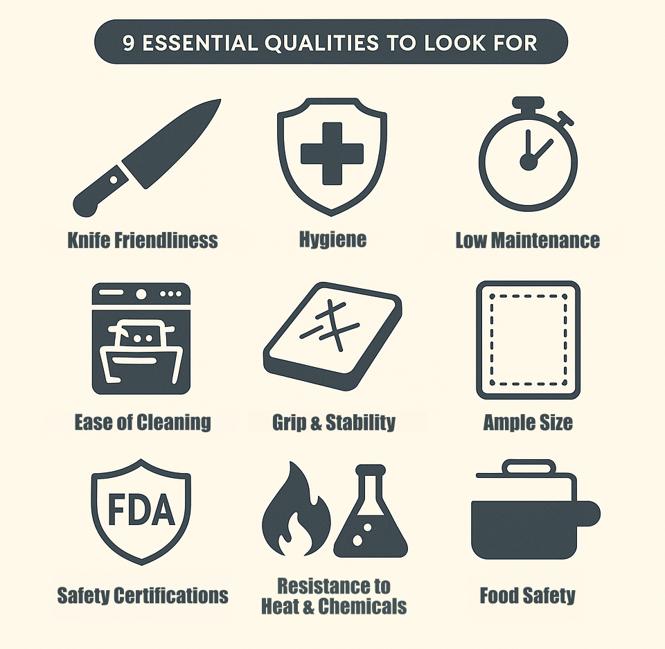 Infographic showing 9 essential cutting board features
