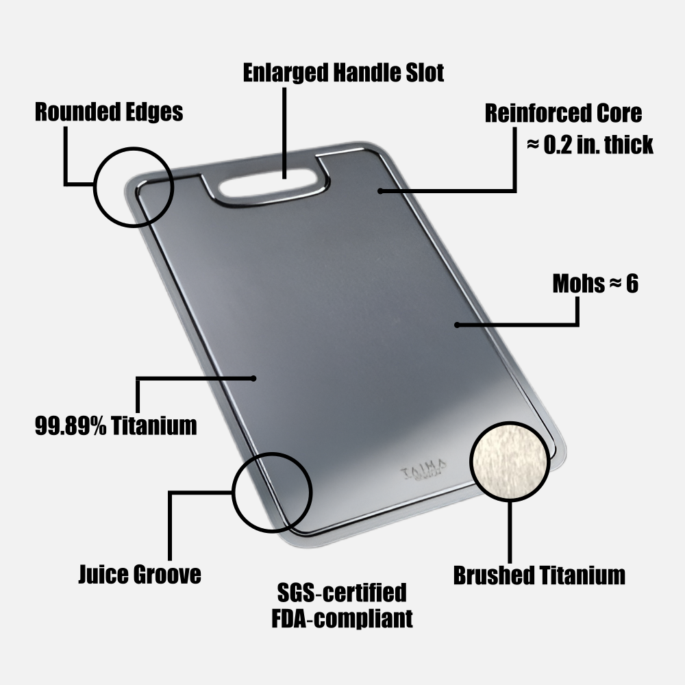 Infographic showing Taima Titanium Cutting Board V2 product features and specifications