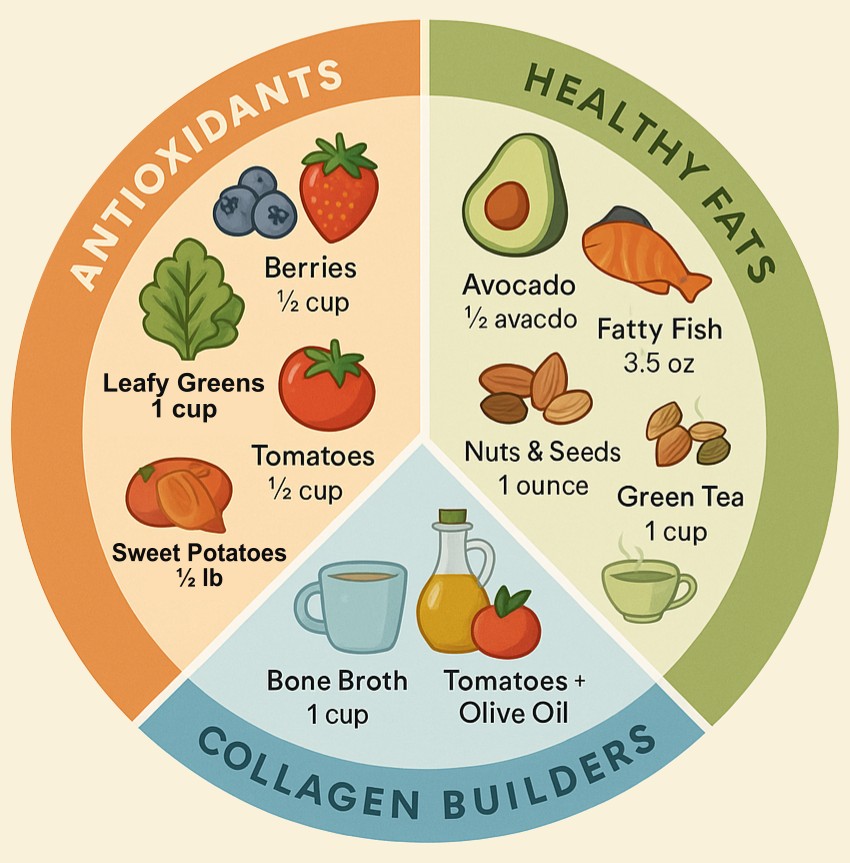 Circular chart grouping top skin foods by antioxidant, healthy fat, or collagen content