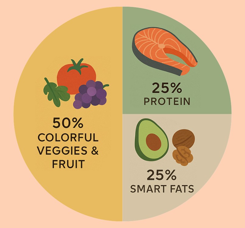 Anti-Aging Plate Method: 50% colorful veggies/fruits, 25% lean protein, 25% healthy fats