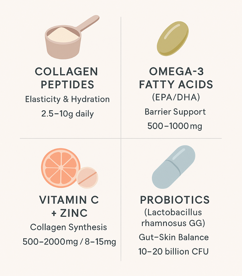 Overview of key skin-supporting supplements: collagen peptides, omega-3s, vitamin C, probiotics