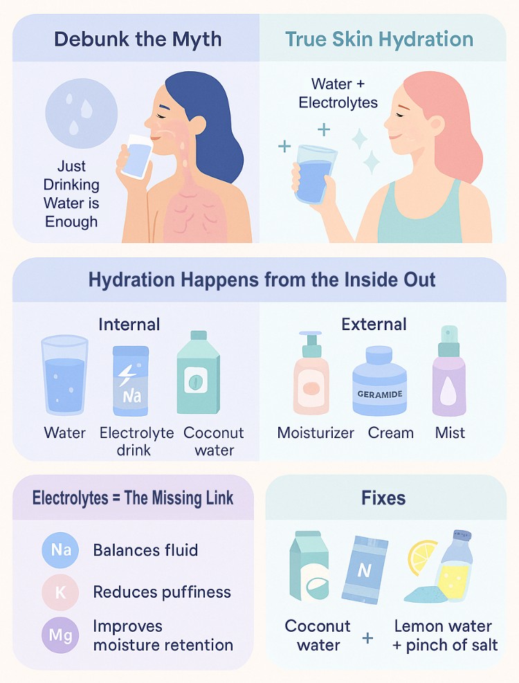 Diagram debunking the myth that drinking water alone is enough to hydrate skin