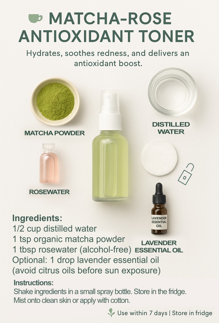 Flat-lay infographic of a DIY Matcha-Rose Antioxidant Toner recipe featuring a green spray bottle surrounded by labeled ingredients including matcha powder, rosewater, distilled water, lavender essential oil, and a cotton pad.