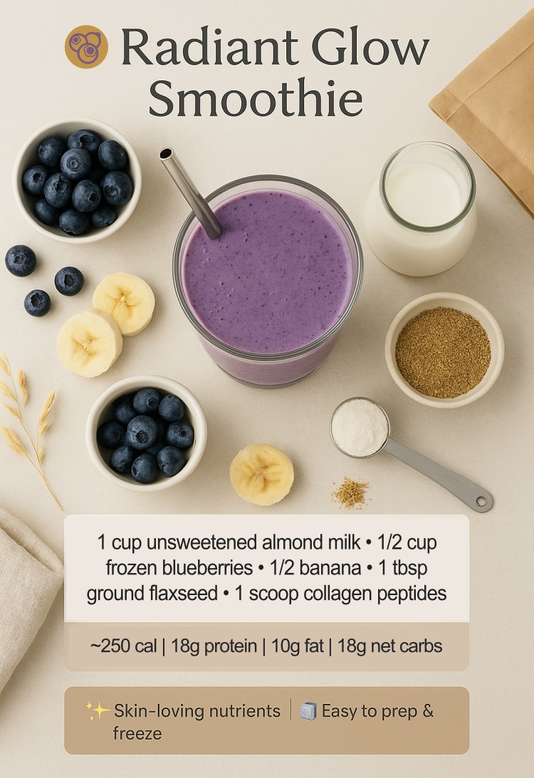 Flat-lay infographic of a vibrant purple Radiant Glow Smoothie in a clear glass with a straw, surrounded by labeled ingredients: almond milk, frozen blueberries, banana slices, collagen powder, and ground flaxseed.