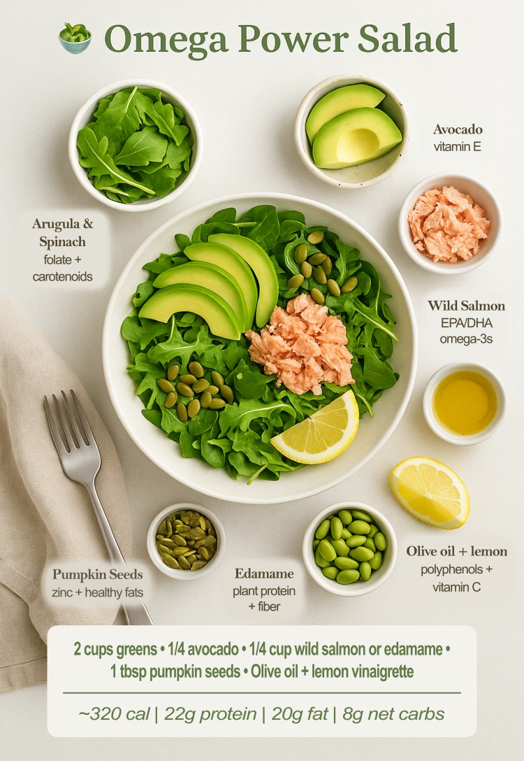 Flat-lay infographic of an Omega Power Salad featuring arugula, spinach, avocado, wild salmon, pumpkin seeds, and olive oil with lemon, surrounded by labeled nutrient-rich ingredients and a clean macro breakdown.