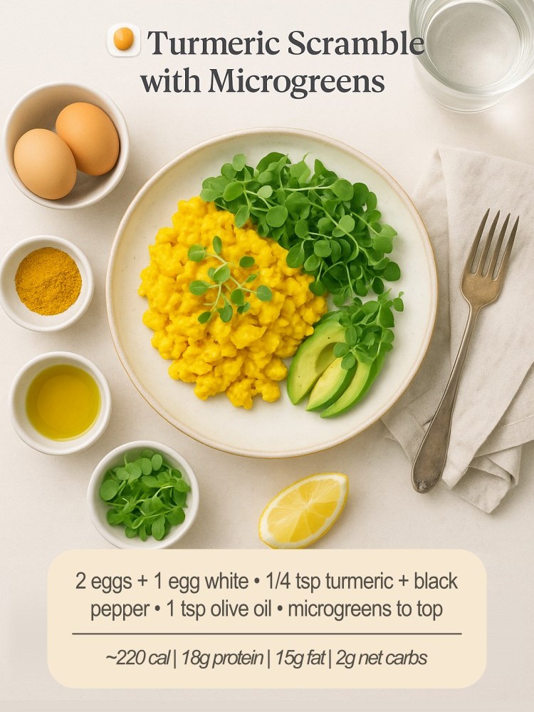 Flat-lay infographic of turmeric scrambled eggs topped with microgreens and avocado slices, surrounded by labeled ingredients like pastured eggs, turmeric, olive oil, and lemon, with recipe and macros displayed.