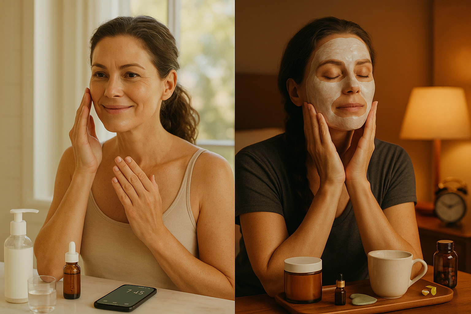 Split screen of a woman in her 40s doing her skincare routine: on the left, applying morning serum in natural daylight; on the right, relaxing at night with a cream face mask, tea, and skincare products.