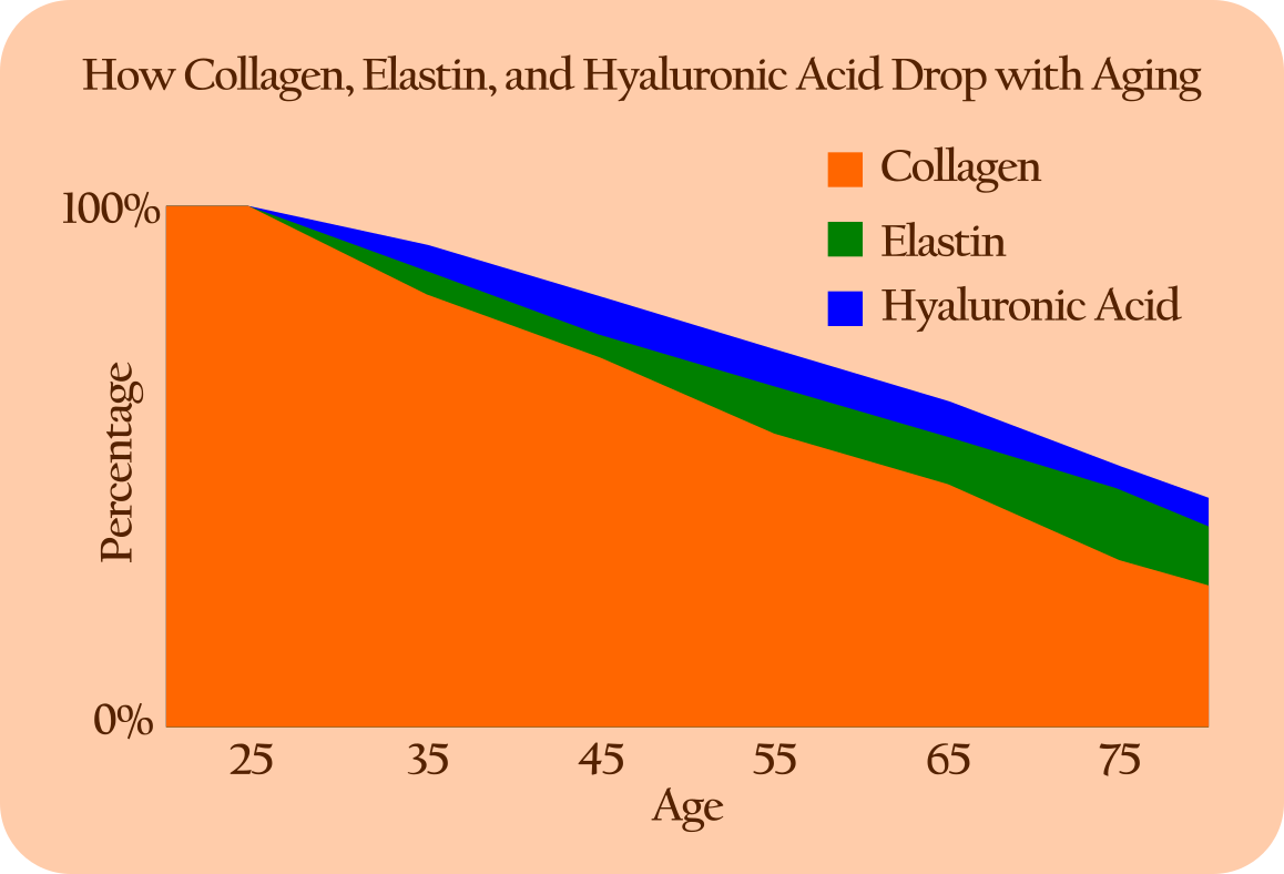 Chart showing how collagen, elastin and hyaluronic acid levels decline with age, including drop percentages by decade.
