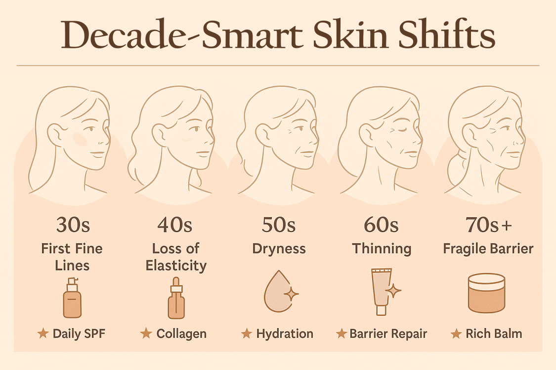 Horizontal infographic showing how skin care needs evolve from the 30s to 70s and beyond, with emphasis on prevention, collagen support, hydration, barrier care, and gentle maintenance.
