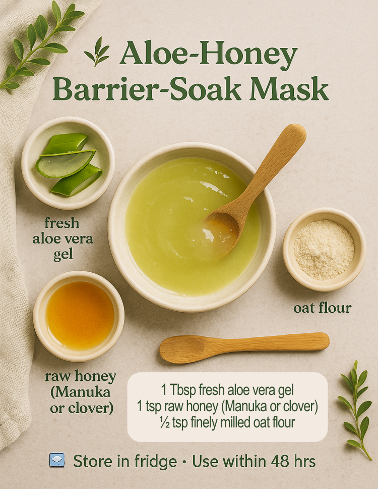 Step‑by‑step flat‑lay of the Aloe‑Honey Barrier‑Soak Mask: fresh aloe gel, raw honey, and oat flour blended into a gel‑cream texture ready for application.
