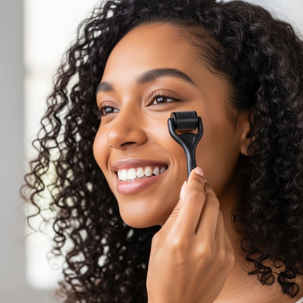 Close-up of a woman using a microneedling device on her cheek in a home setting