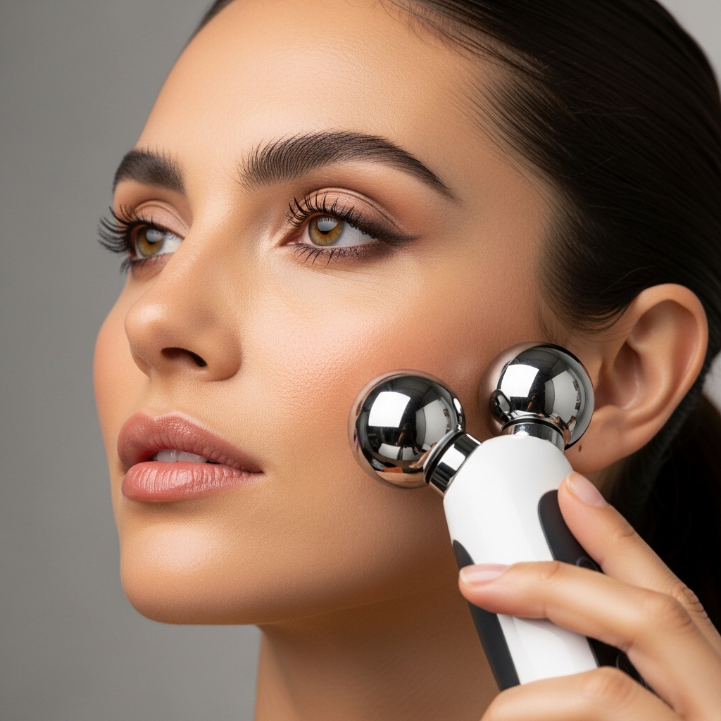 Woman using a microcurrent device along her jawline during a skincare routine