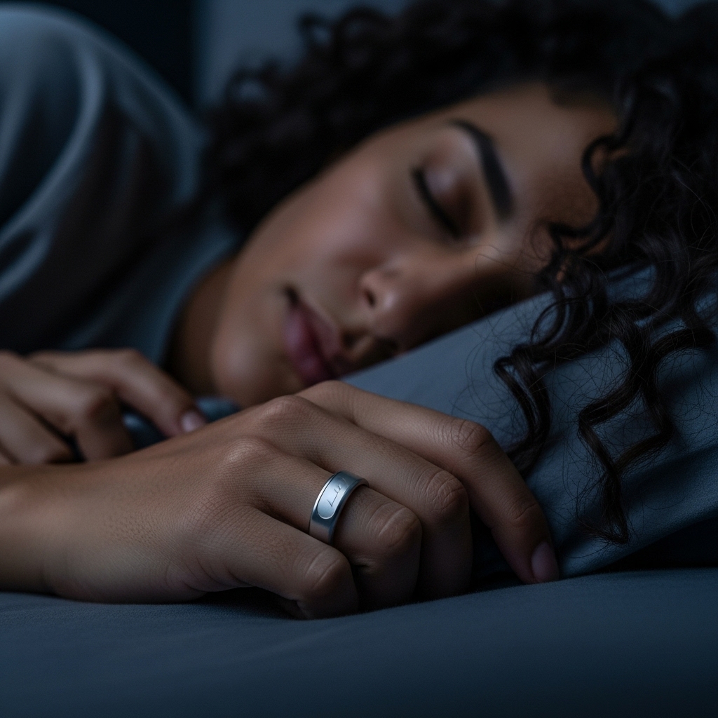 Woman wearing a smart sleep tracking ring while resting in bed, monitoring her sleep quality and recovery