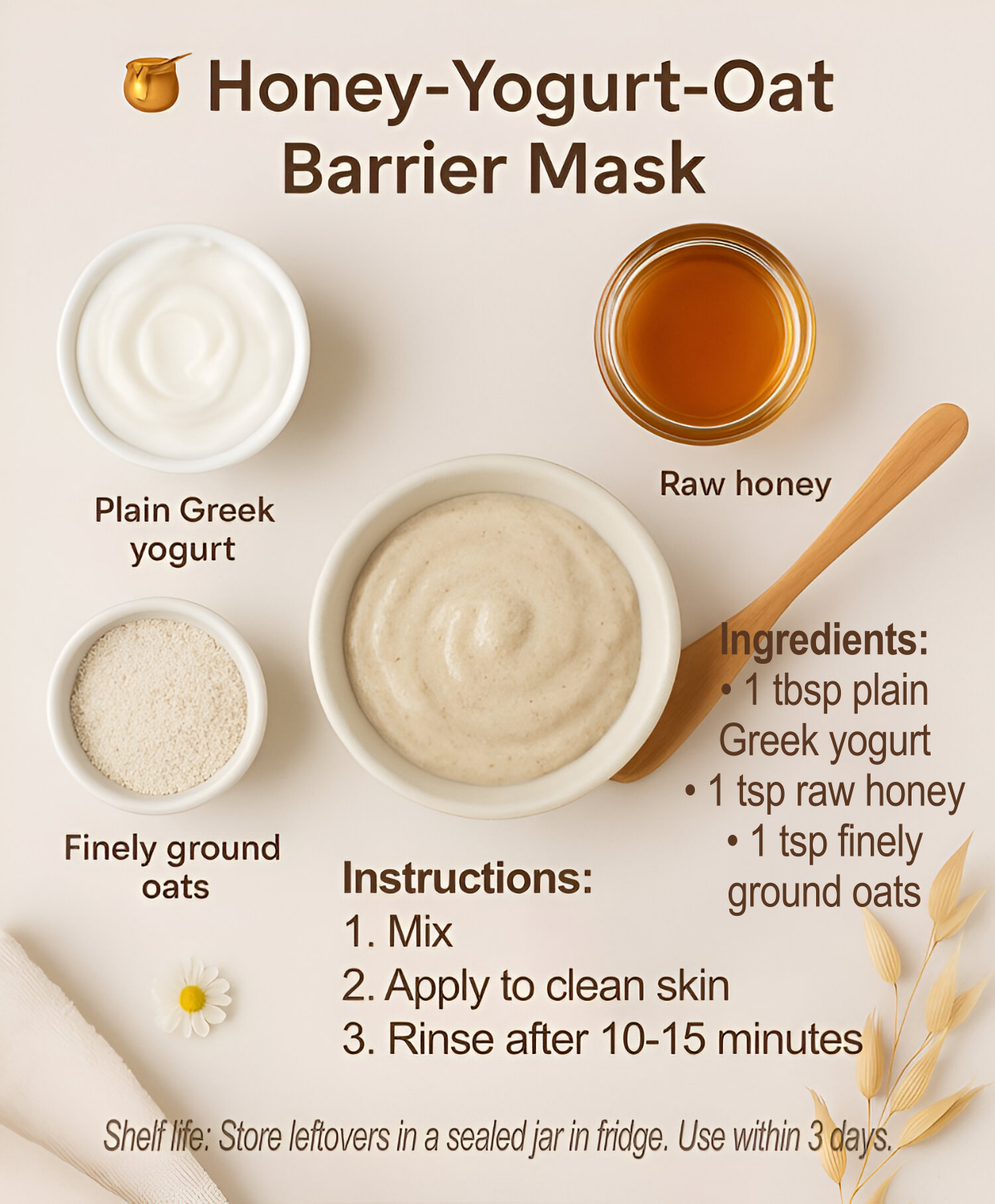 Flat-lay infographic of a DIY Honey-Yogurt-Oat Barrier Mask featuring a bowl of the creamy mask surrounded by labeled ingredients including plain Greek yogurt, raw honey, finely ground oats, a wooden spoon, chamomile flower, and oat sprigs.