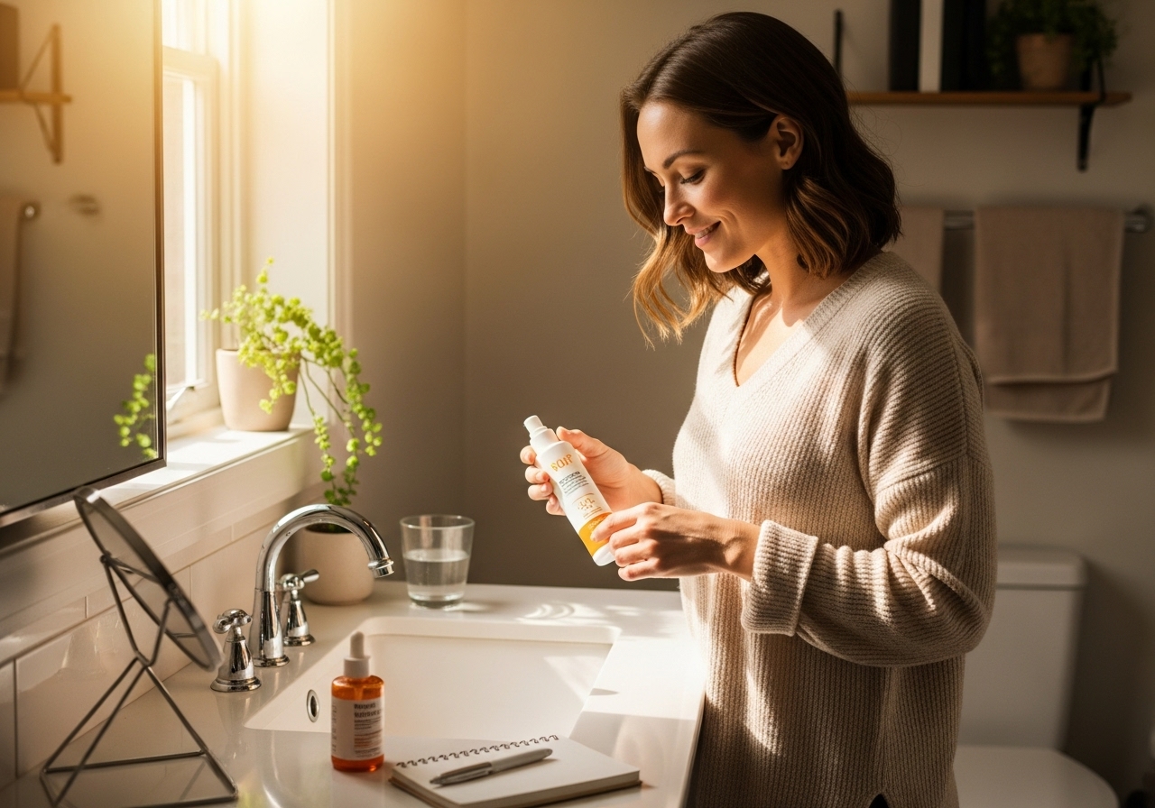Woman in her 30s–40s at a sunlit bathroom sink, smiling softly while applying skincare, with sunscreen, vitamin C serum, a notebook, and a glass of water nearby.