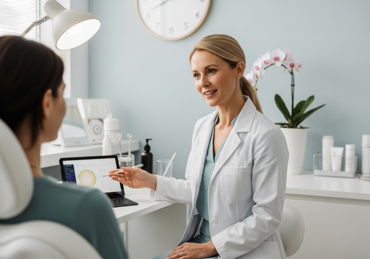 Female dermatologist in her 40s wearing a white coat, smiling warmly while consulting with a patient in a bright, modern clinic, with a tablet showing a skin analysis.