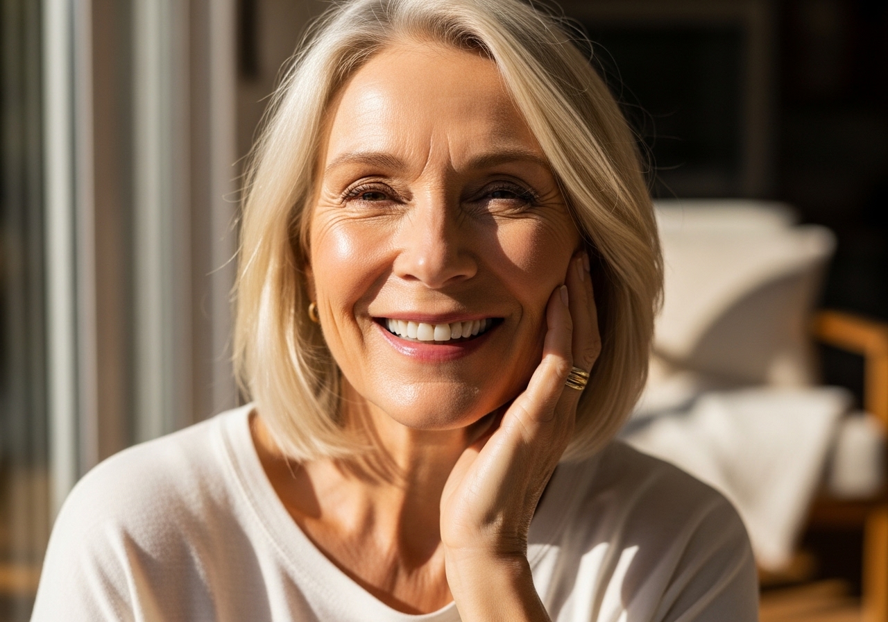 Close-up portrait of a person in their 60s or 70s with radiant, healthy skin, smiling confidently in warm natural sunlight, with a softly blurred background suggesting a calm, balanced lifestyle.