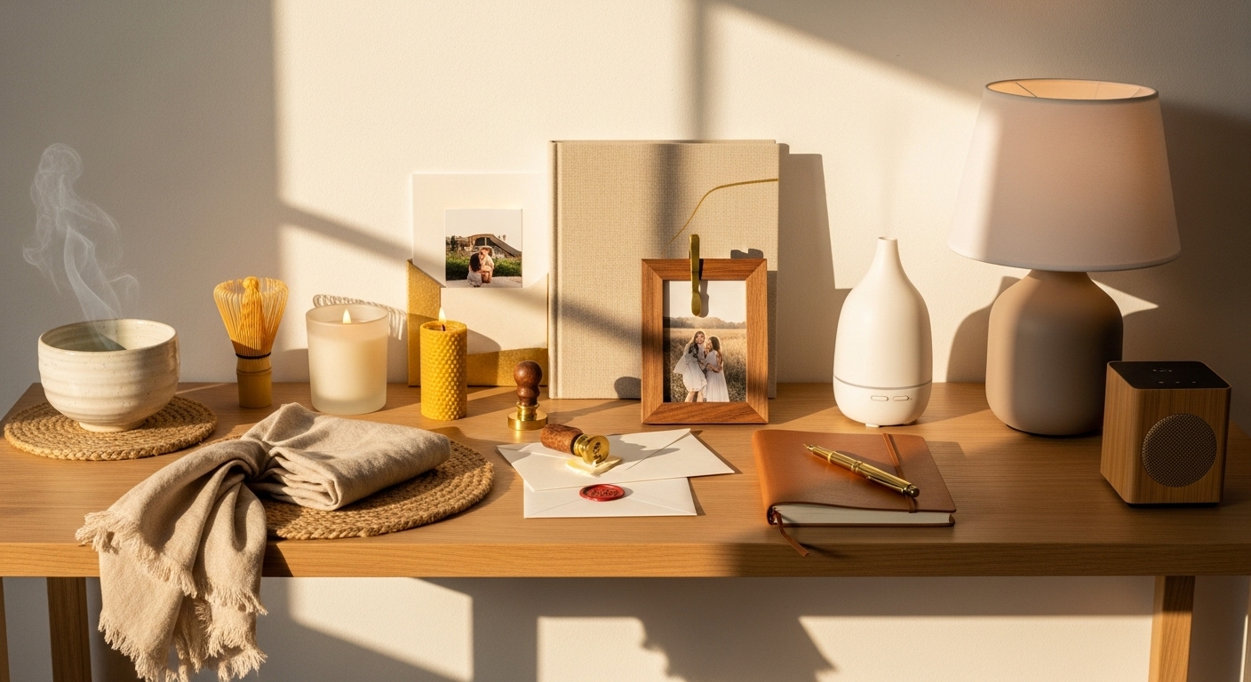Still life of timeless gift archetypes: linen scarf, brass wax seal, and beeswax candle arranged on a neutral table