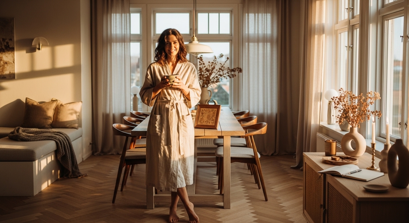 Four Dimensions of Timelessness: open linen journal with fountain pen, brushed-brass candleholder with beeswax taper, and engraved walnut frame on a warm white-oak table