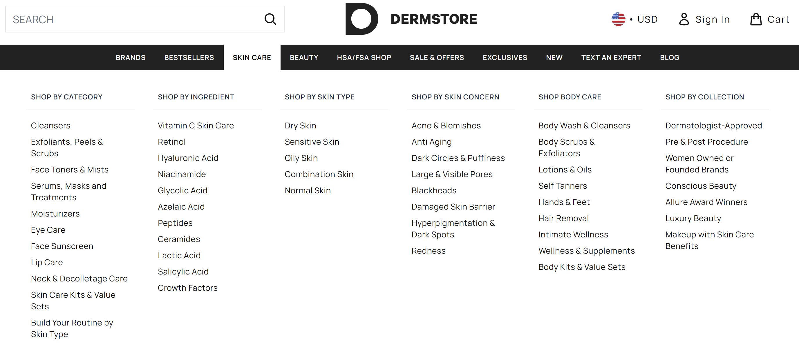 Dermstore skincare navigation showing browsing by ingredient, skin concern, skin type, and routine structure.