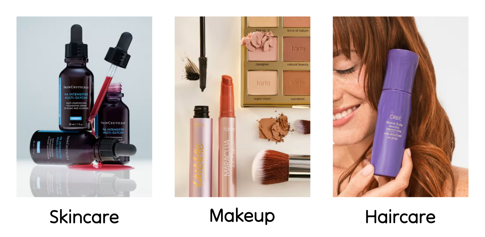 Dermstore product categories showing SkinCeuticals skincare serum, Tarte makeup products, and Oribe professional haircare.