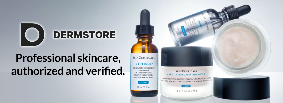Dermstore branding with professional skincare products from authorized clinical brands including SkinCeuticals