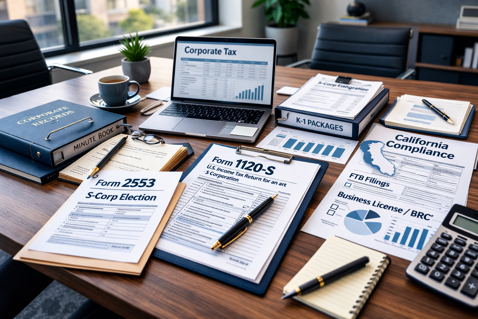 Corporate tax workspace displaying Form 2553 S-Corp election paperwork, Form 1120-S corporate return, K-1 packages, California FTB compliance documents, business license materials, and corporate minute book records.
