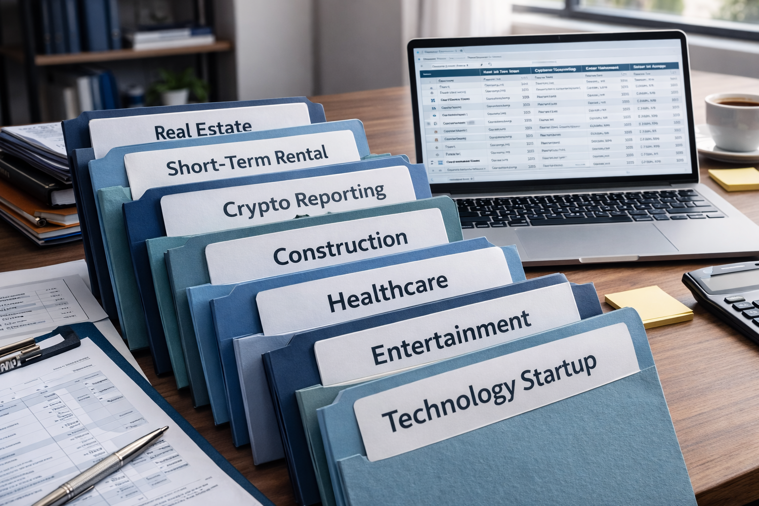 Industry-labeled file folders including Real Estate, Short-Term Rental, Crypto Reporting, Construction, Healthcare, Entertainment, and Technology Startup, representing specialized tax reporting categories.