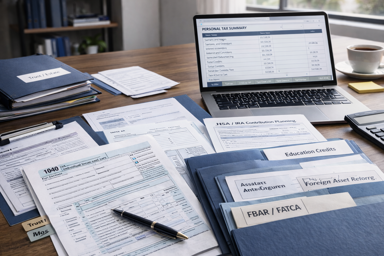 Individual tax documents including Form 1040, HSA and IRA contribution planning worksheets, education credit files, FBAR and FATCA foreign asset reporting folders, and trust and estate documentation alongside a personal tax summary.