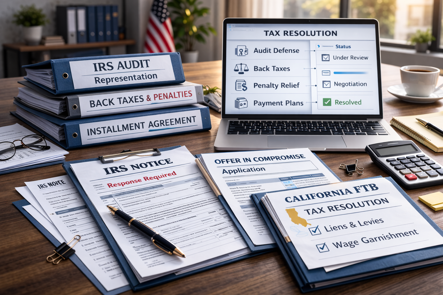 IRS audit representation binders, back taxes and installment agreement files, IRS notice marked response required, Offer in Compromise application, and California FTB tax resolution documents displayed on a desk with a tax resolution status dashboard.