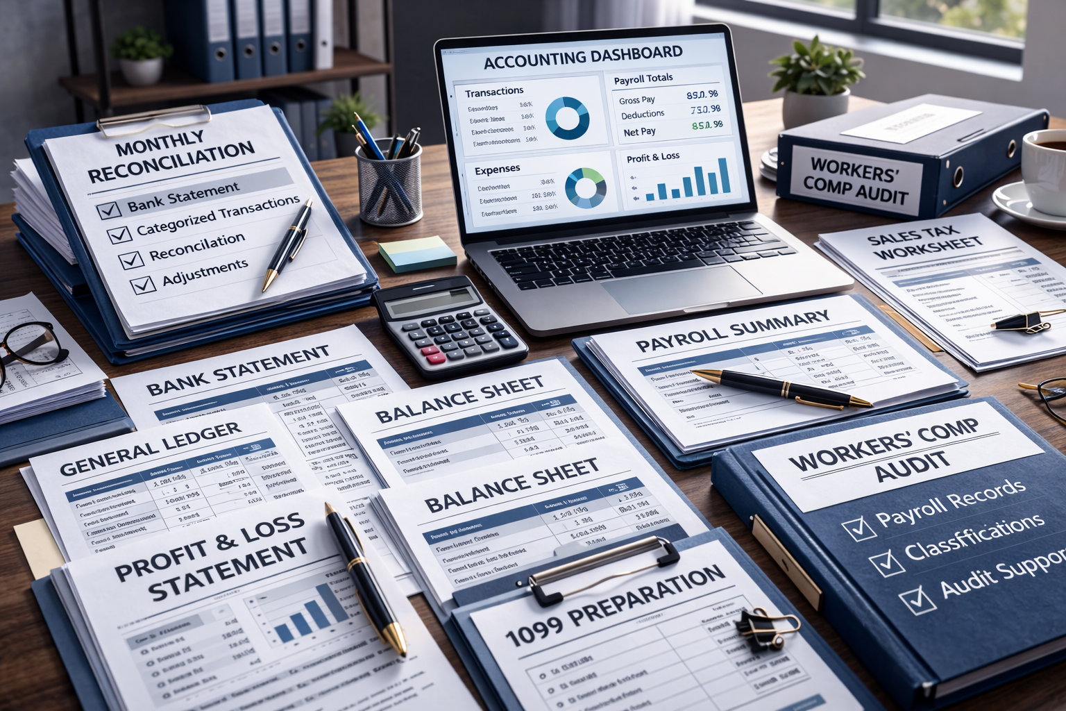 Accounting dashboard with payroll totals and profit and loss charts alongside monthly reconciliation checklist, bank statement, general ledger, balance sheet, payroll summary, 1099 preparation documents, sales tax worksheet, and workers’ compensation audit records.