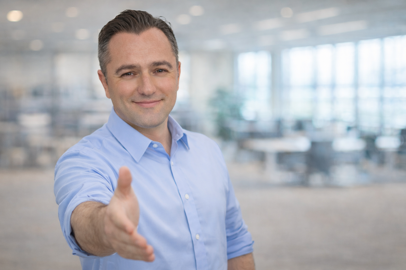Professional tax preparer extending a handshake in a modern office environment, representing client partnership and engagement.