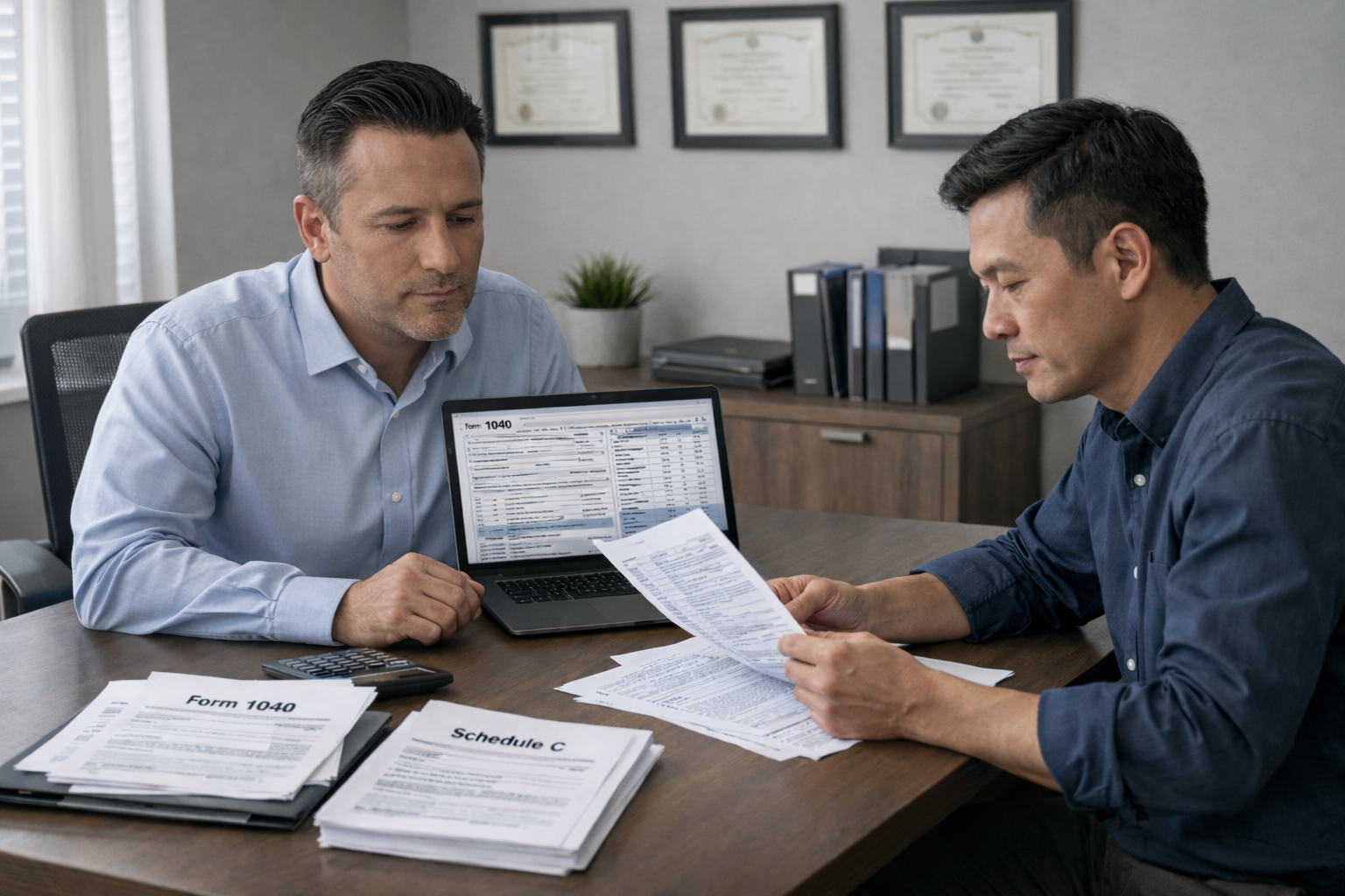 Tax professional reviewing Form 1040 and Schedule C documents with a client during an in-office consultation.