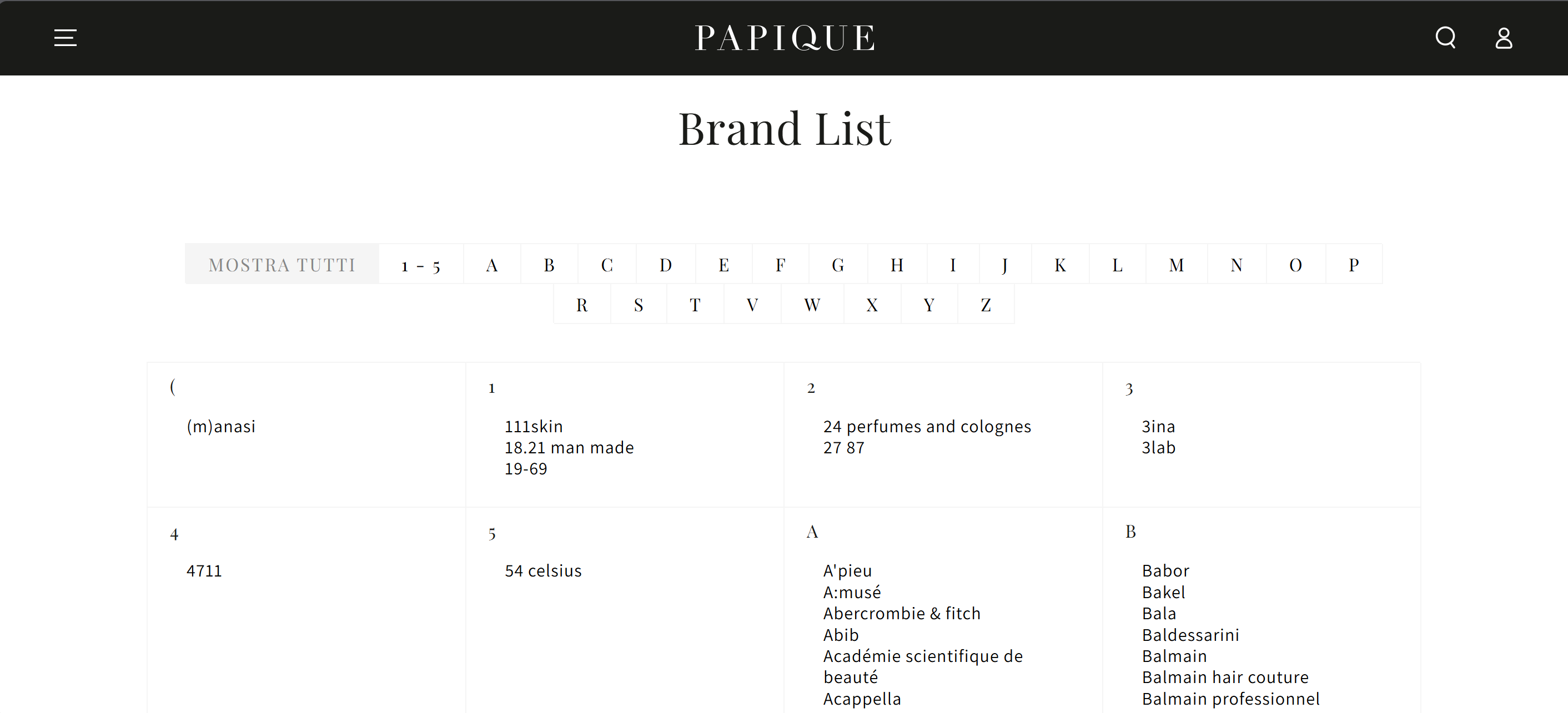 Screenshot of Papique’s brand directory page listing multiple fragrance houses available through the retailer
