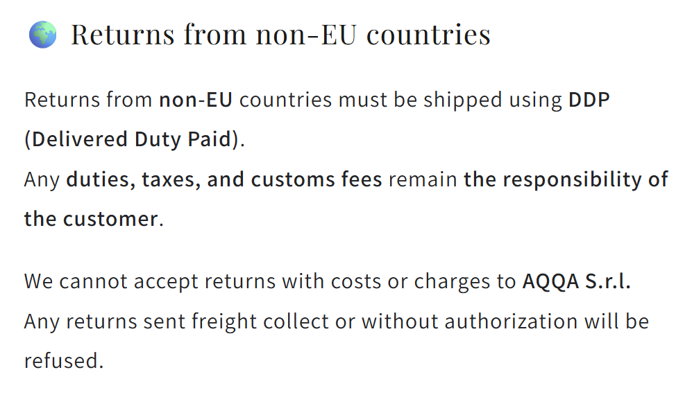 Screenshot of Papique’s refund policy section explaining non-EU return requirements and the Delivered Duty Paid (DDP) shipping rule